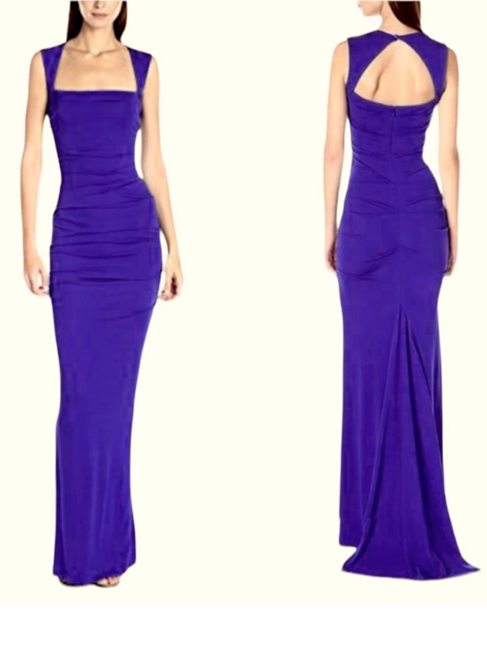 Nicole Miller Felicity Silk Side-Ruched Square Neck Evening Gown Majestic Purple